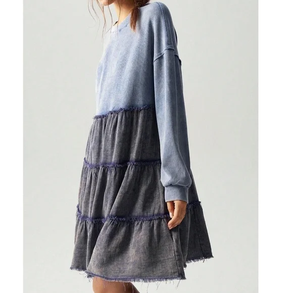 Color Block Mineral Wash Frayed Detail Oversized Long Sleeve Dress - Picture 7 of 8